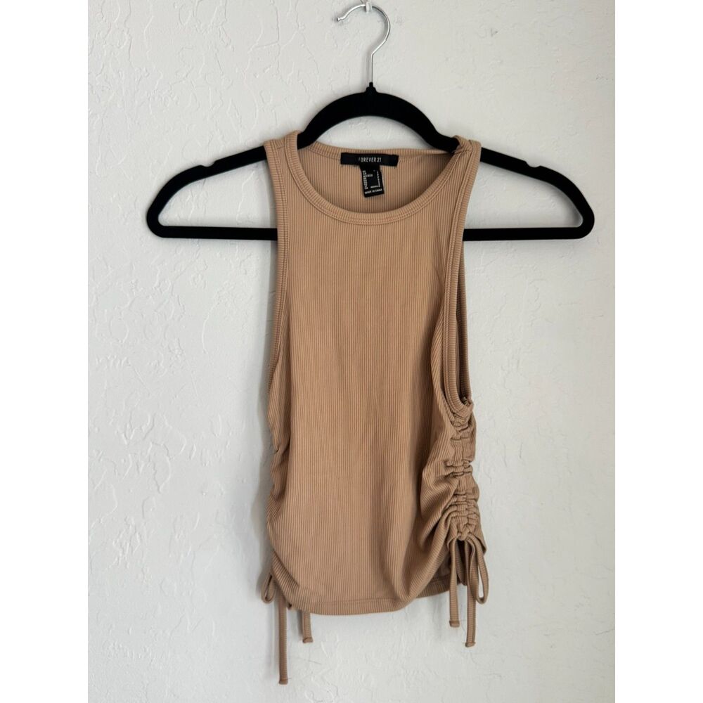 Forever 21 Small Tan Ribbed Ruched Side Tie Sleeveless Tank Top